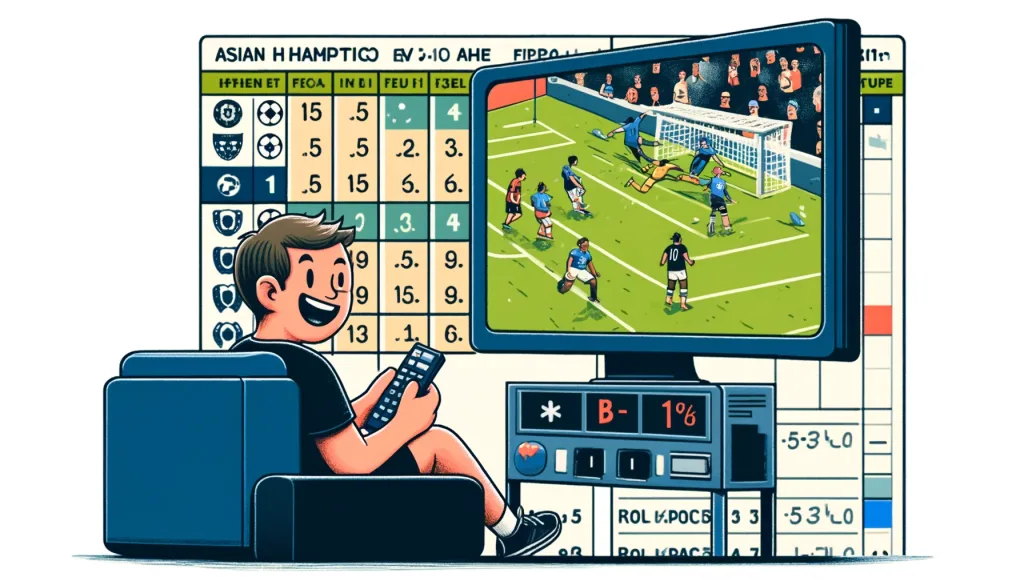 Happy Bettor Watching a Match: An image of a happy bettor watching a football match on TV with betting odds on the screen.