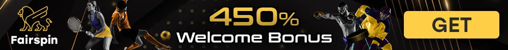 Advertisement banner for Fairspin offering a 450% welcome bonus, featuring various athletes in action.