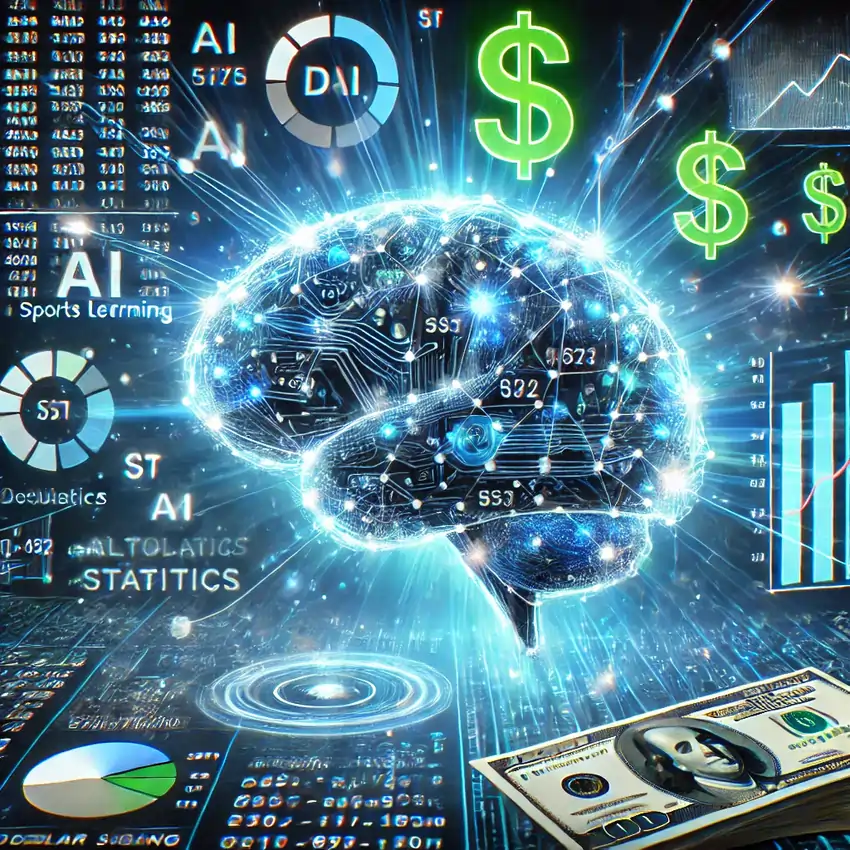 AI Betting Tips concept with digital brain, glowing numbers, dollar signs, data streams, and futuristic blue-green lighting.