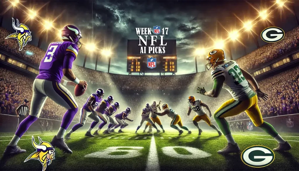 Week 17 NFL Picks game scene between the Minnesota Vikings and Green Bay Packers under stadium lights.