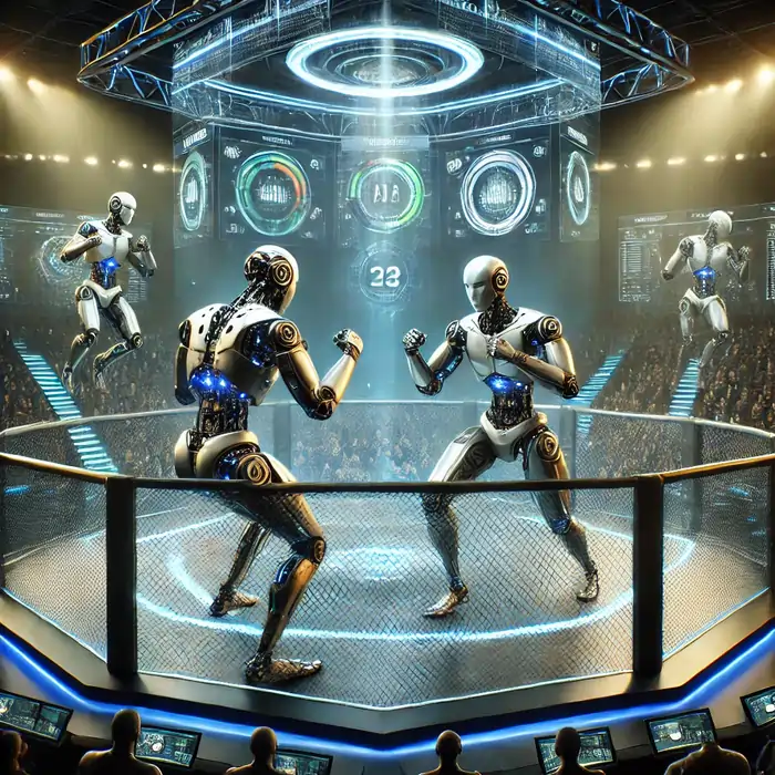 A futuristic MMA octagon showcasing two humanoid robots engaged in a dynamic fight, representing advanced AI-driven UFC predictions. The robots feature sleek metallic armor with glowing LED accents, surrounded by a high-tech audience and holographic screens displaying fight stats and analytics. The intense atmosphere highlights the fusion of technology, martial arts, and predictive modeling.