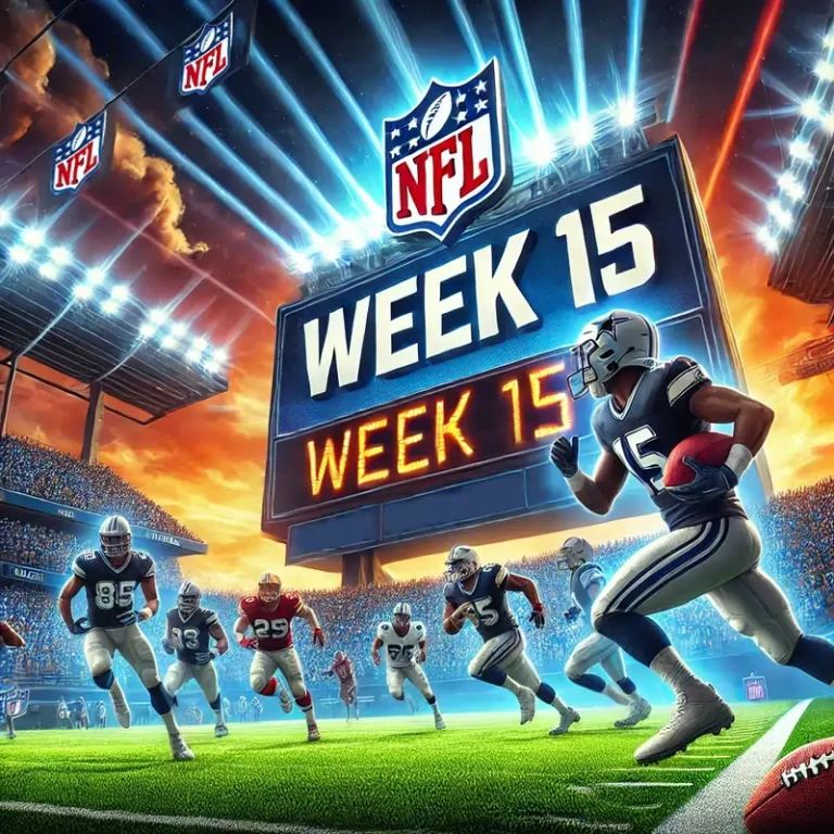 NFL Week 15 scoreboard on a football field with players in action and a packed stadium.