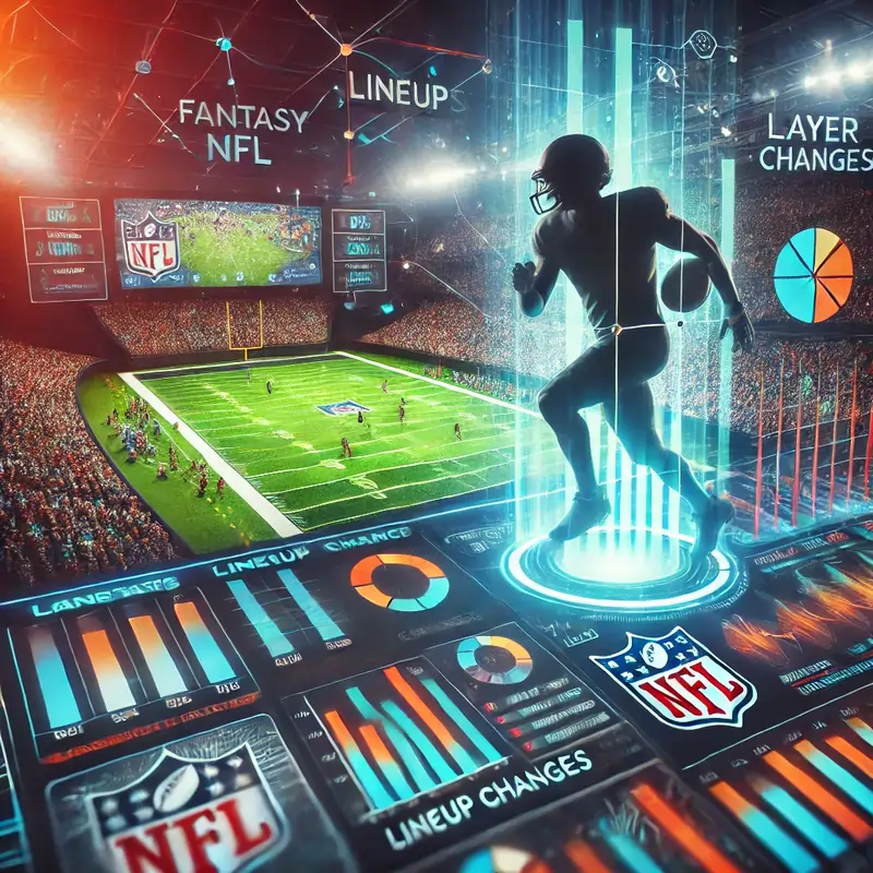 A dynamic representation of a Fantasy NFL experience, blending real-life football action with advanced analytics and strategic tools for Fantasy NFL managers.