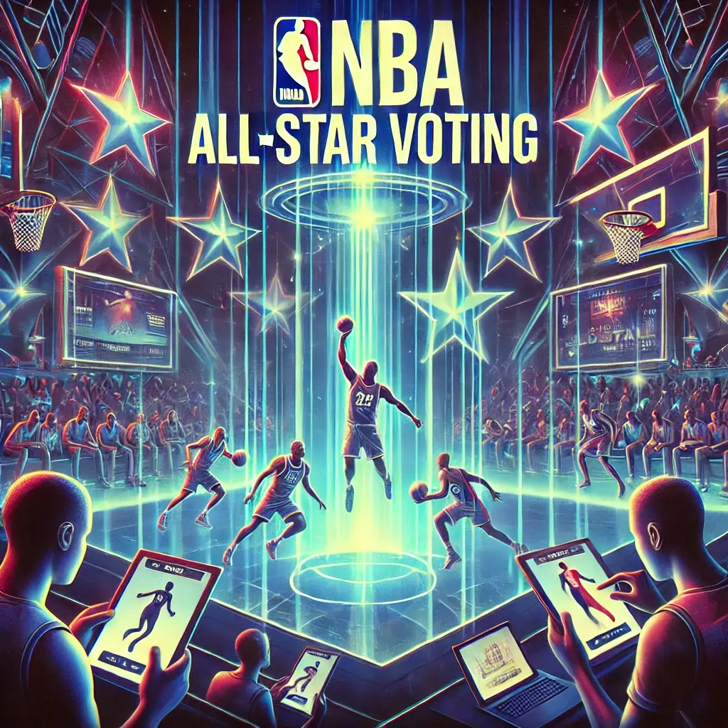 Illustration of fans participating in the 2025 NBA All-Star voting process using smartphones and laptops, with a vibrant leaderboard displaying top players in a futuristic basketball setting.