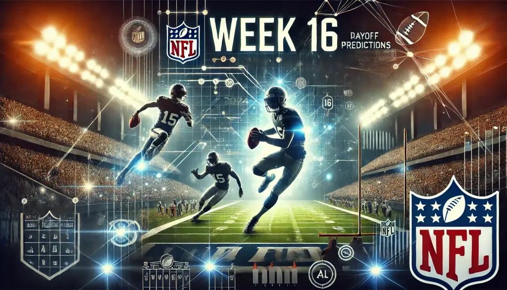 Illustration of NFL Week 16 matchups in a brightly lit stadium, featuring a quarterback throwing and a wide receiver leaping for a catch, capturing the excitement and playoff intensity of the 2024 season.