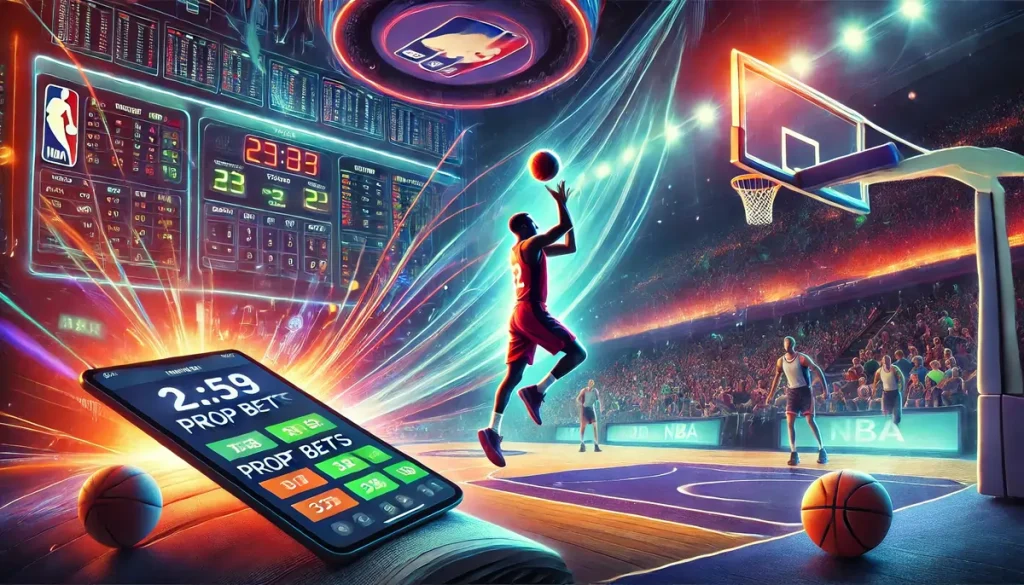 A vibrant illustration of an NBA player shooting a three-pointer on a basketball court, with a tablet displaying betting options and highlighted prop bets. Perfect for Best NBA Player Prop Bets Today.