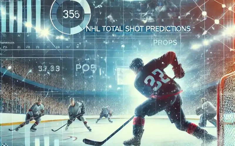 Dynamic action on the ice showcasing a powerful shot, enhanced by data-driven graphics for NHL Total Shot Predictions.