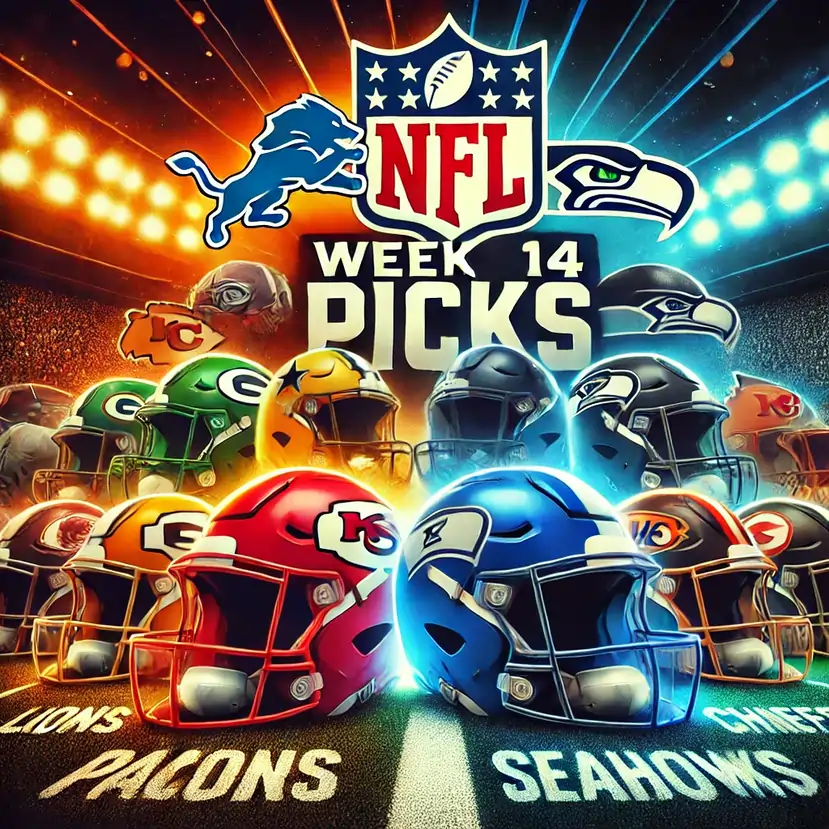 A bold and dynamic graphic for NFL Week 14 picks. The image showcases helmets of NFL teams: Lions, Packers, Chiefs, Seahawks, Cowboys, and Bengals, positioned around a central football field. The text "NFL Week 14 Picks" is prominently displayed at the top in large, bold letters. The background features a vibrant, lit-up stadium at night with cheering fans and bright lights, creating an energetic and competitive atmosphere. Ideal for illustrating NFL predictions and game highlights.