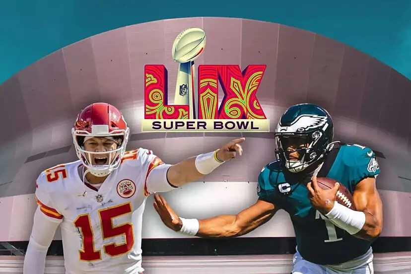 Superbowl Picks for SuperBowl 59 – A high-energy showdown between the Kansas City Chiefs and Philadelphia Eagles at the Caesars Superdome, powered by Xaslarbet AI sports predictions.